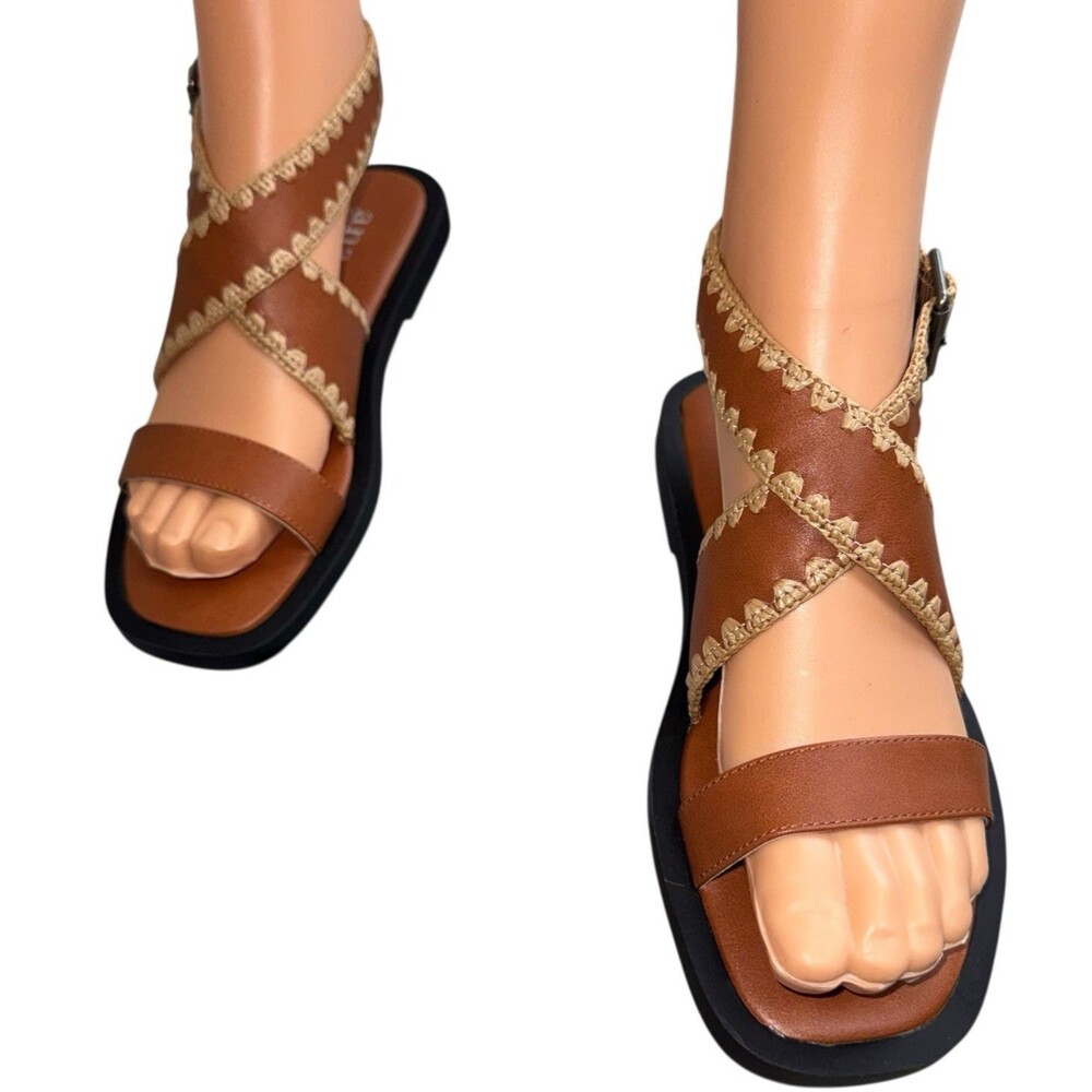 Ana Womens Size 9.5 Sandals Vest Cognac Crisscross Strappy Embroidered Shoes New